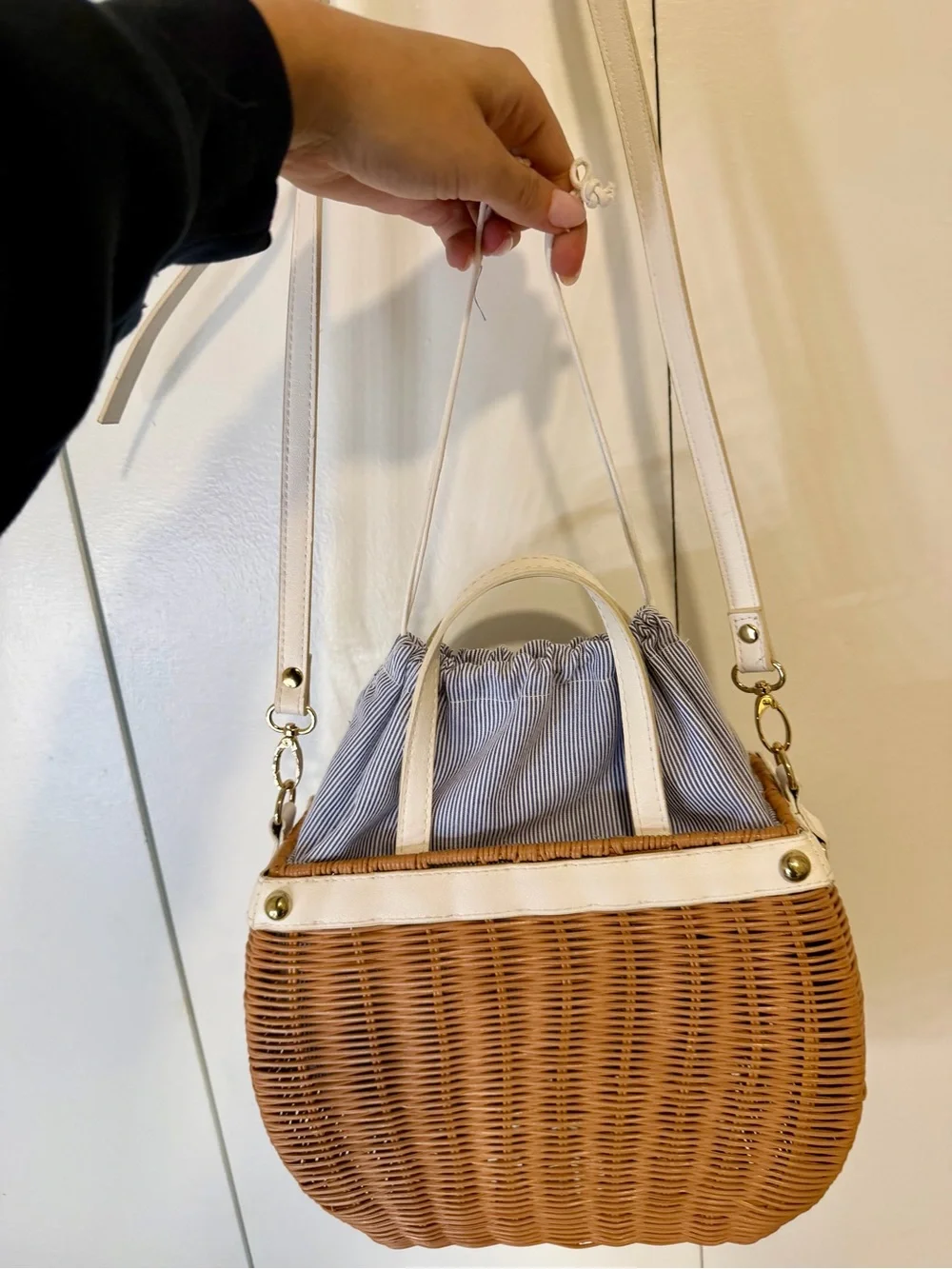 Woven Rattan Crossbody Bag with Cream Trim